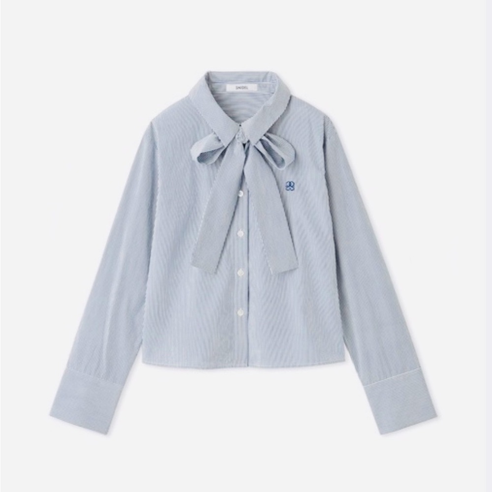 Striped Bow Button-Up Blouse by Snidel
